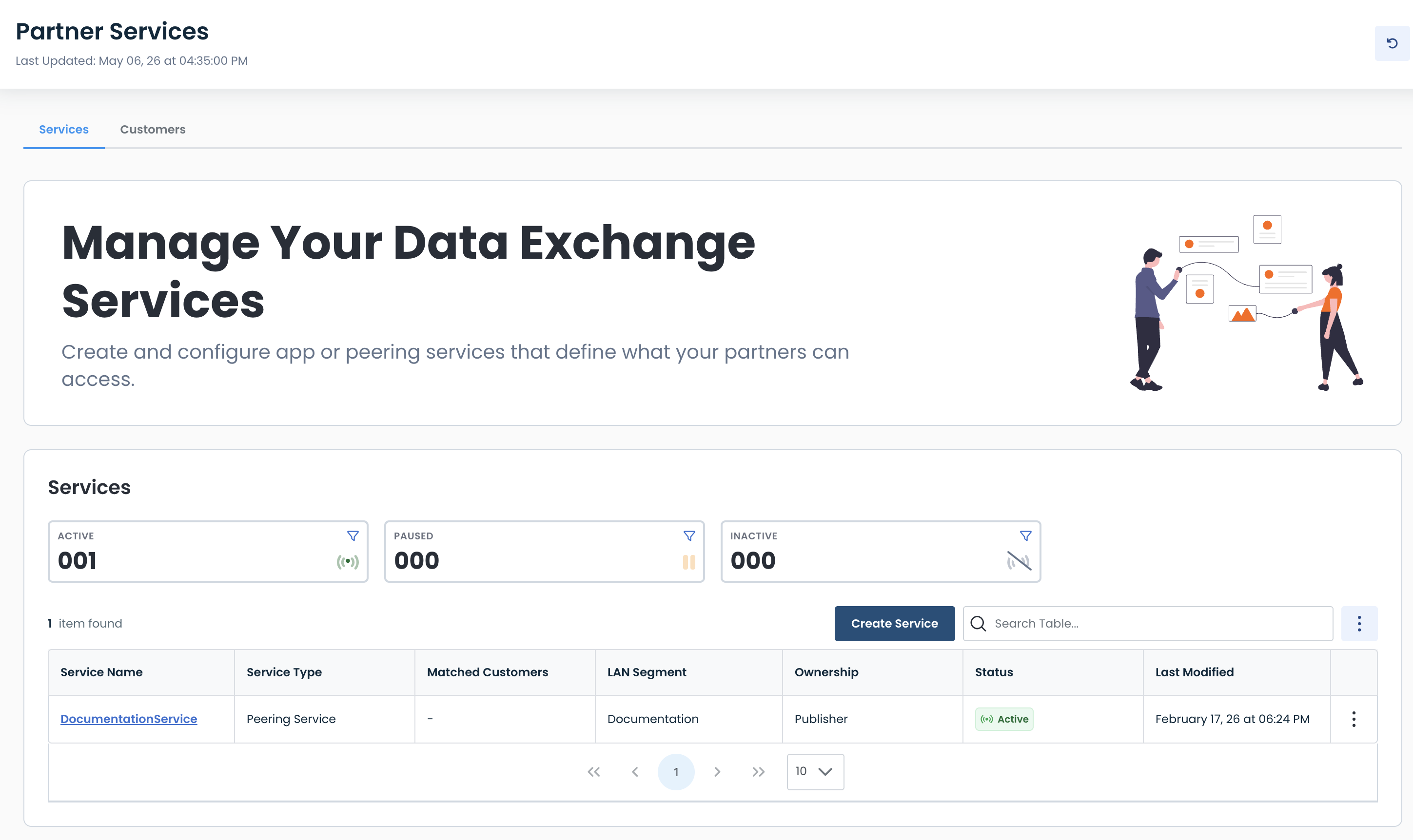 Overview of data exchange services management with active and paused service counts displayed.